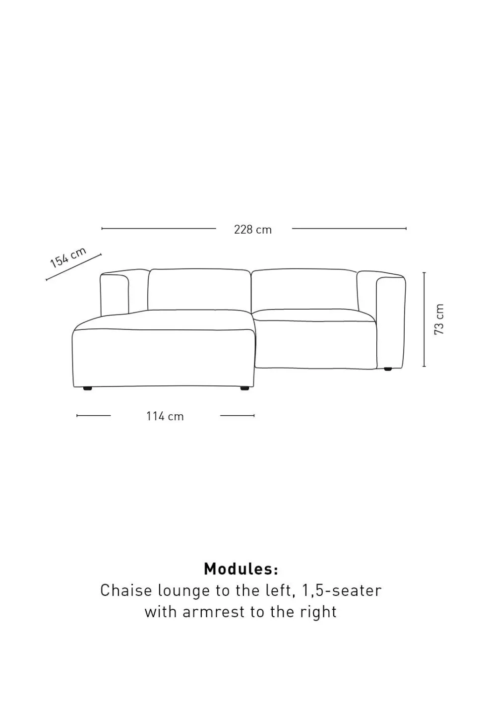 2 deler m/sjeselong venstre natur - 224x154x73 cm