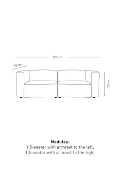 Modulsofa 2 deler m/armlene grå - 220x93x73 cm