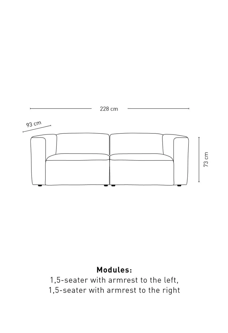 Modulsofa 2 deler m/armlene grå - 220x93x73 cm